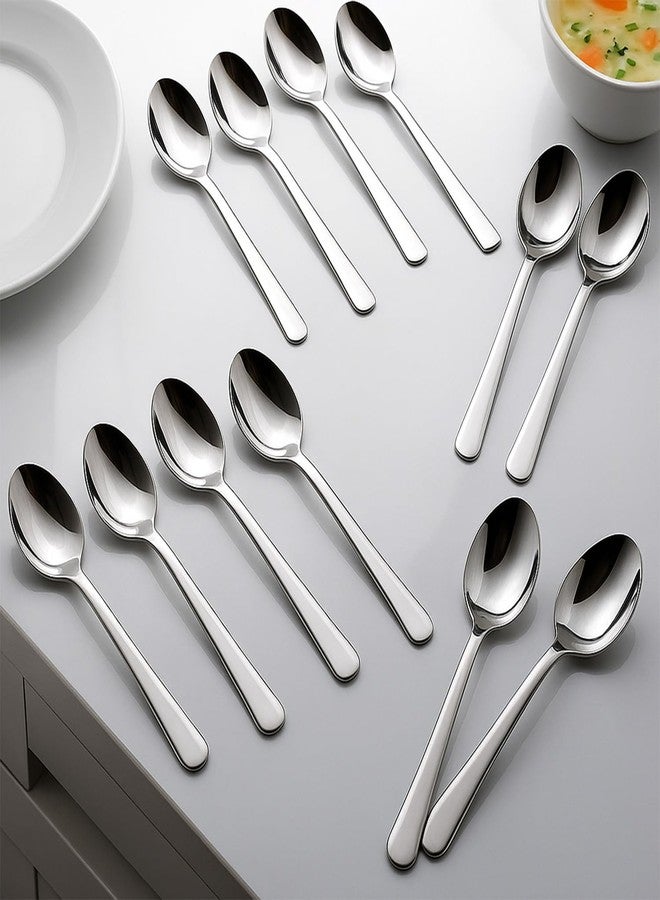 أدوات فرنسية طقم ملاعق فرنسية (12 ملعقة فضية من الفولاذ المقاوم للصدأ)، مصنوعة من مواد آمنة غذائيًا بنسبة 100%، غير سامة، مقاومة للصدأ، آمنة للغسل في غسالة الأطباق، طقم هدايا مثالي لجميع المناسبات - Image 1